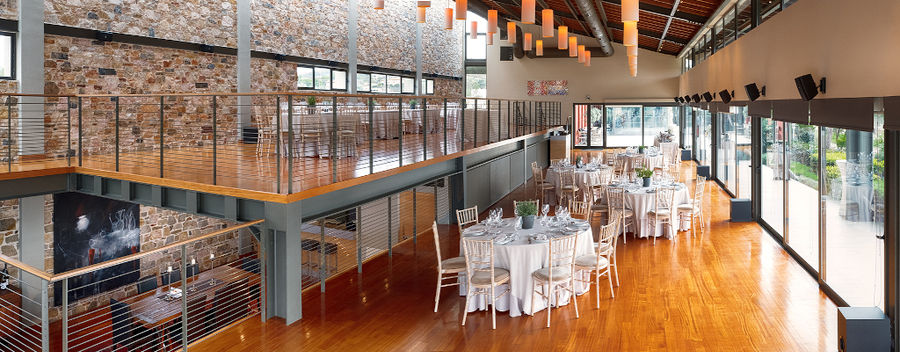 view from above of Domaine Papagiannakos tasting room with tables and chairs